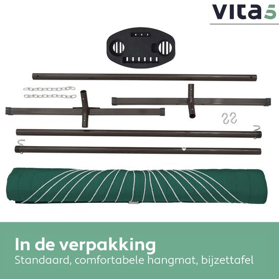 Vita5 Hangmat met Standaard en Spreidstok – 2 Persoons – incl. Bekerhouder - Afneembaar kussen – uv-bestendig – Groen