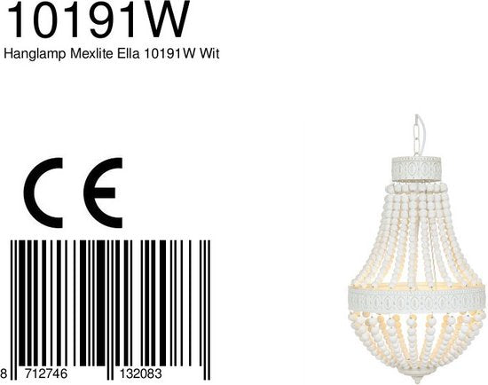 Hanglamp Ella 10191W - Trendy Witte Kralenlamp van Hout en Metaal, Verstelbare Hoogte 70-155 cm - Merk: Mexlite