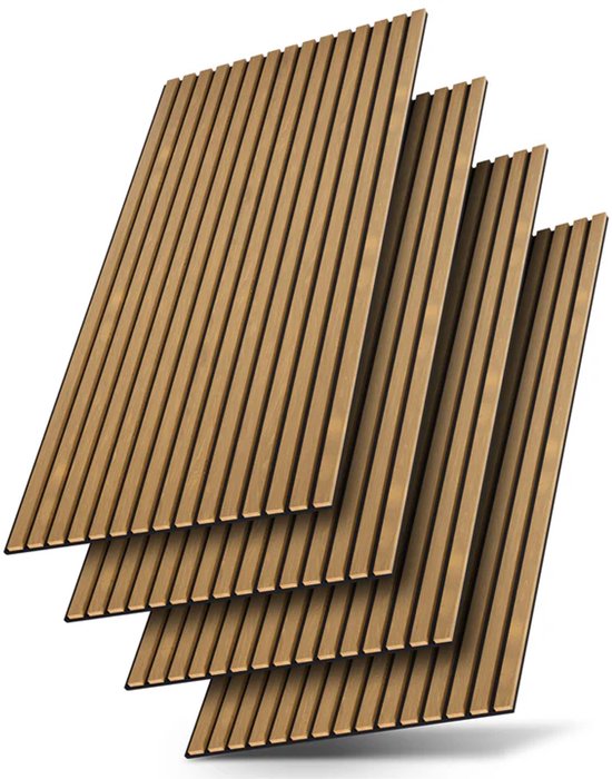 Akoestische Wandpanelen – Set van 4 – Geluidsabsorberend MDF & PET Schuim – Naturel Donker – 120 x 60 x 1,8 cm