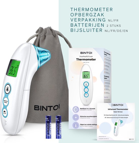 Bintoi® X100 - Digitale Oorthermometer - Infrarood Thermometer Voorhoofd - Temperatuurmeter - koortsthermometer voor volwassenen en baby's - Digitale thermometer lichaam - Instant meting in 1 seconde - Incl. batterijen