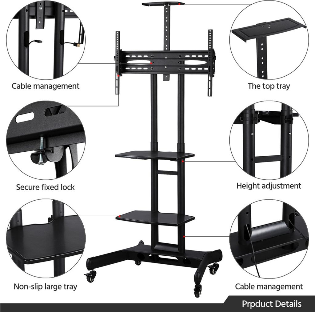 Yaheetech Tv-standaard op wieltjes 32-75 inch - Verstelbaar - 3 legplanken - Zwart - 82 x 57,5 x 196,5 cm