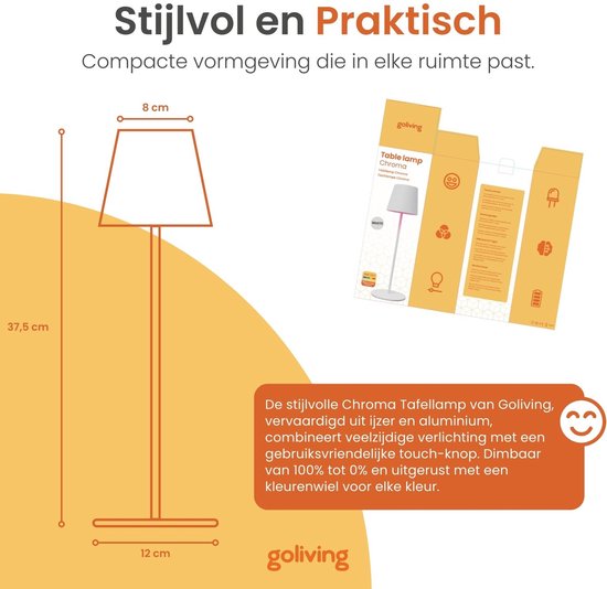 Goliving Chroma Tafellamp Oplaadbaar – Draadloos en Dimbaar – Touch Lamp – Nachtlamp Slaapkamer & Woonkamer – RGBW – 37,5 cm – Wit