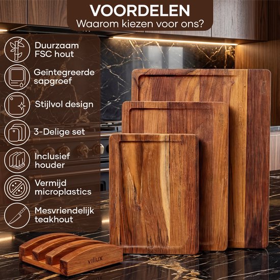 Villux Snijplank - Snijplankenset Met Houder - Snijplank Hout - Snijplanken - Snijplank Teakhout- Houten Snijplank - Snijplankenset - Tapasplank - Borrelplank - Serveerplank - Hapjesplank - Inclusief eBook - 3 Stuks - Teakhout