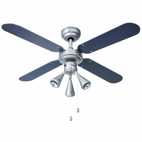 Bestron Plafondventilator met verlichting, 3 snelheden & extra grote spanwijdte van Ø102cm, incl. Zomer-/winterfunctie, 3 x GU10 LED-lampjes, 50Watt, DLHB42S, kleur: zilver/blauw