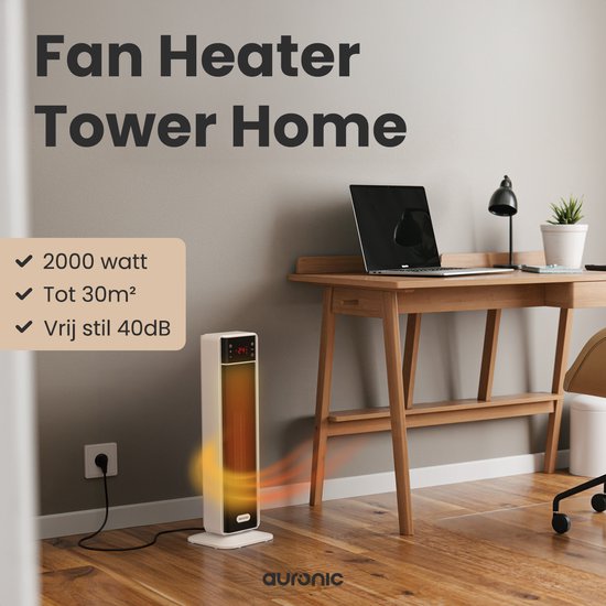 Auronic Elektrische Kachel - Keramische Kachel - Toren Kachel - 2000W Heater - Wit