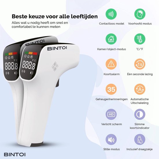 Bintoi® Thermometer voorhoofd - Temperatuurmeter - Thermometer lichaam – Oorthermometer - Koortsthermometer voor volwassenen en baby's - Instant meting in 1 seconde - Makkelijk te lezen in het donker - Incl. batterijen