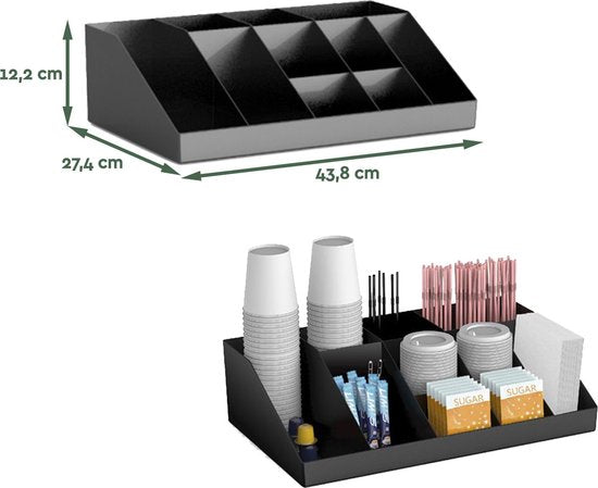 BRASQ CO100 Koffie & Thee Organizer – Ruime Opbergdoos met 10 Vakken – Thee Organizer - Koffie Station – Zwart