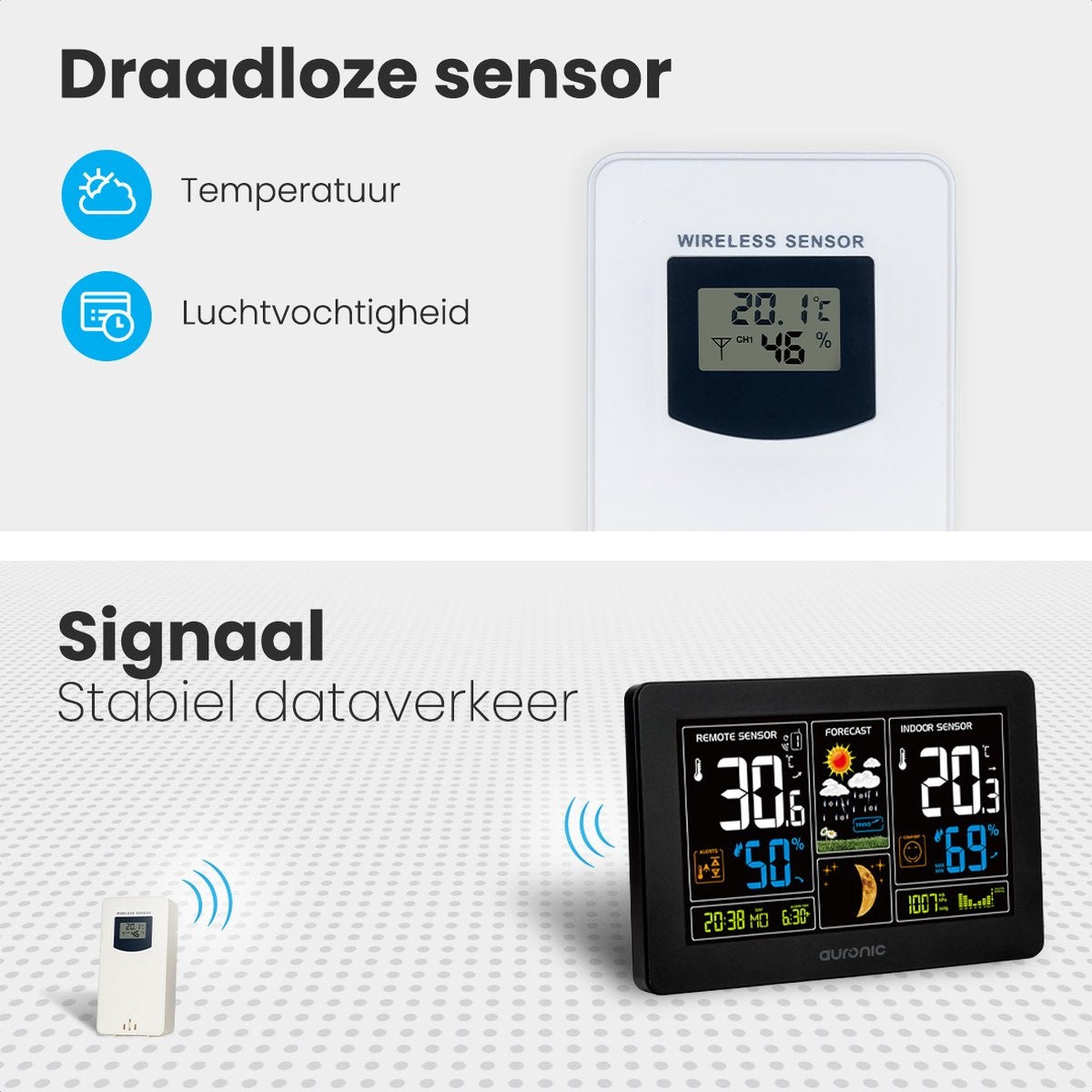 Auronic Weerstation - Draadloos - Binnen en Buiten - met Buitensensor - 60M Bereik - Zwart