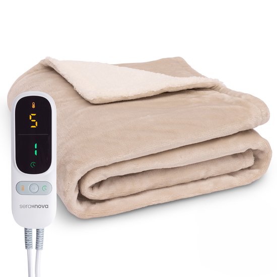 Seranova Elektrische Deken 3XL - Extra Warmtedraden - Premium Model - 200x180 cm - 2 persoons Warmtedeken - Dubbelzijdig Fleece Sherpa - Beige