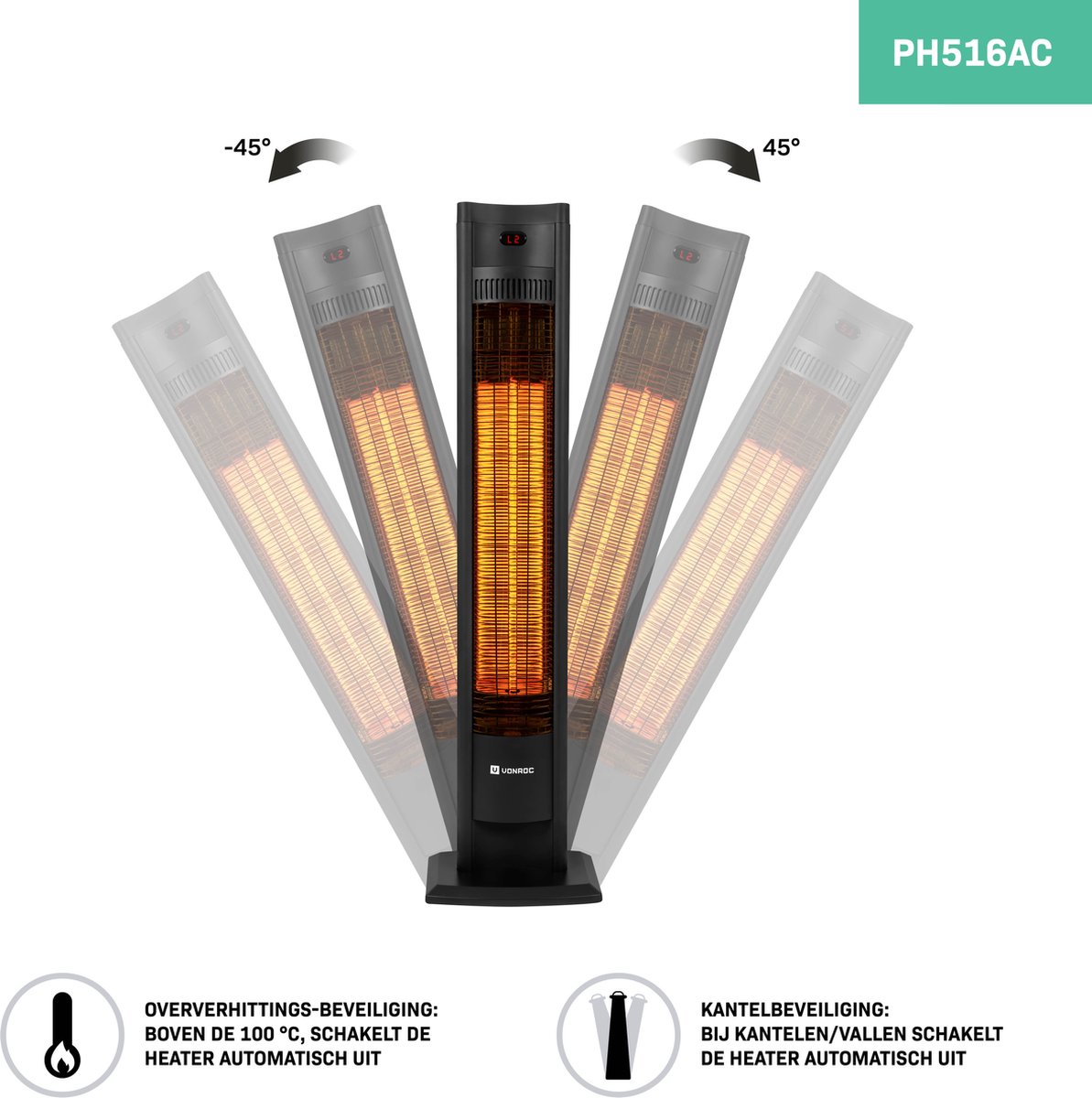 VONROC Terrasverwarmer – 2 Warmtestanden – 2000 W – 117 x 27 x 17 cm – Zwart