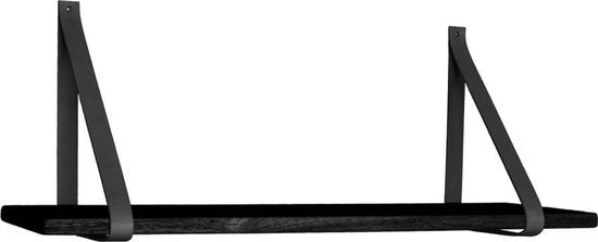 Zwarte wandplank met leren riemen - 120x20 cm - House Nordic - Woonkamer - Zwart - rubber; Echt leder - Woonkamer - Op voorraad