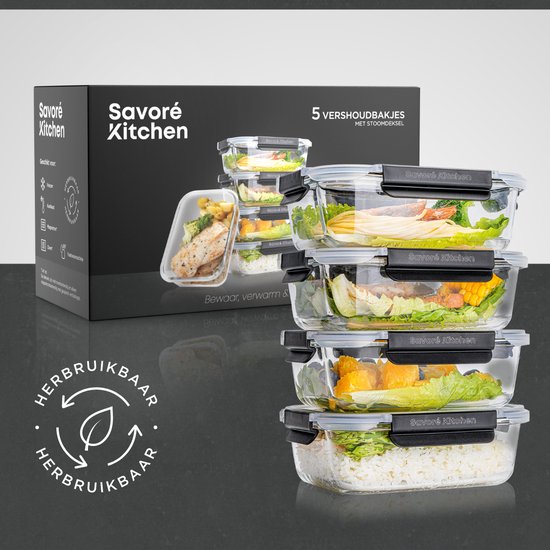 Savoré Kitchen Vershoudbakjes Set - met Stoom Deksel - Meal Prep Bakjes - Diepvriesbakjes Glas - Luchtdicht - 5 Stuks - 1040 ML