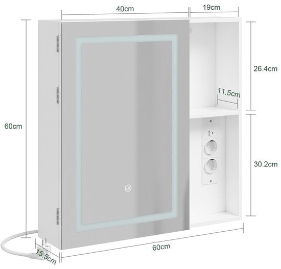 SoBuy Badkamer Spiegelkast met LED – 2 Stopcontacten & USB – 60 x 15,5 x 60 cm – Wit