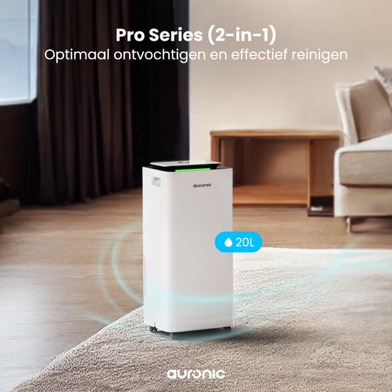 Auronic Luchtontvochtiger en Luchtreiniger - Pro Series - 20L per dag - Was-droog functie - Slaapkamer, Badkamer en Woonkamer - Wit