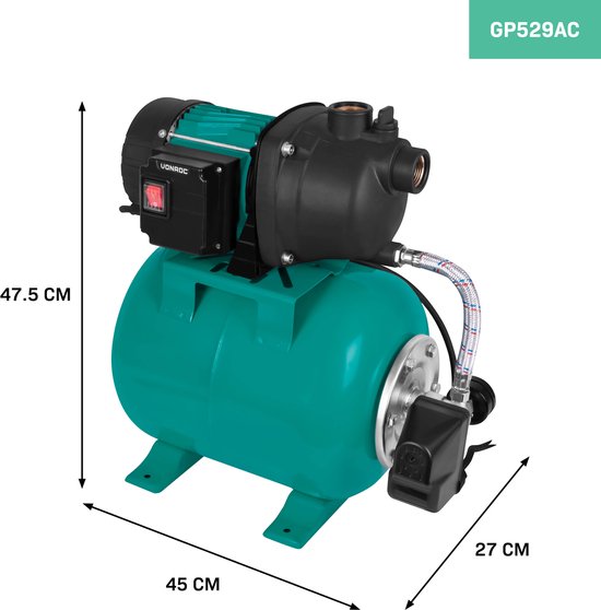 VONROC Hydrofoorpomp / hydrofoorset met drukschakelaar - 800W - 3300l/h - 19L tank - Kunststof pomphuis