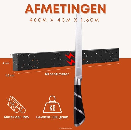KitchenMonster® Messenmagneet Messenblok 40 cm - Magnetische Messenhouder Inclusief Zelfklevend Tape (3M) en Schroefbevestiging - Messenmagneetstrip RVS Zwart