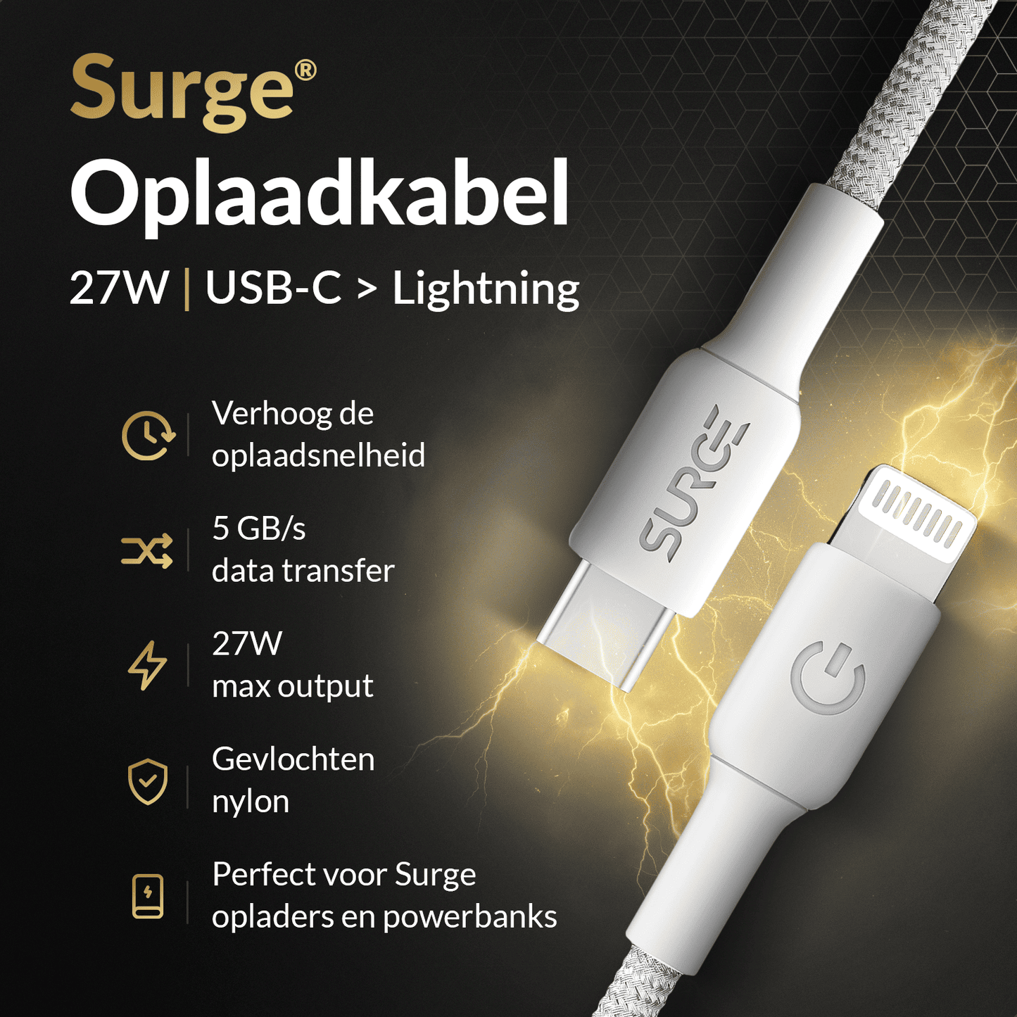 Surge USB-C naar Lightning Oplaadkabel - 2 Meter - Wit - 27W