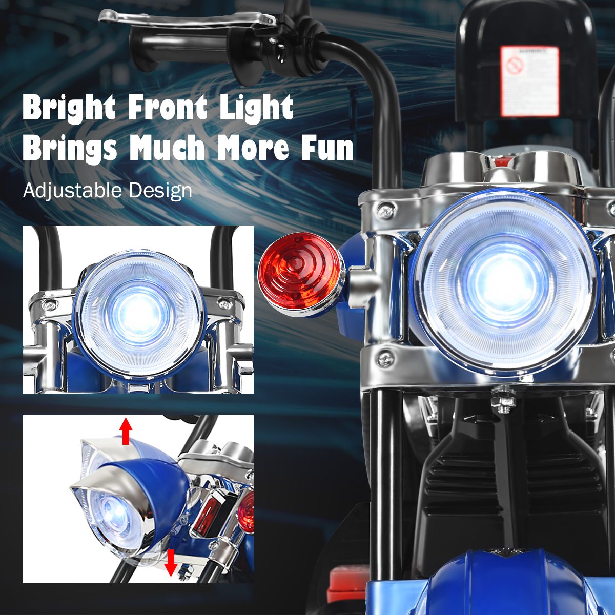 Coast Elektrische Kindermotor - Chopperstijl - Verstelbare koplamp - Muziekfunctie - Blauw en zwart - 91 x 48 x 64 cm