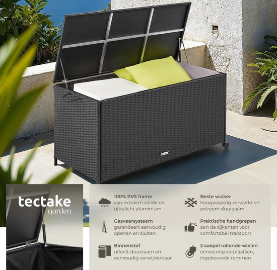 tectake® Wicker opbergbox - Outdoor kussenbox - Uitneembare binnenzak - Weerbestendig en afsluitbaar met deksel - Verrijdbaar - Inclusief 2 handgrepen, 2 wielen met rem en gasveren - Inhoud 297 l - Afmeting (LxBxH) 117 x 54 x 64 cm - Zwart