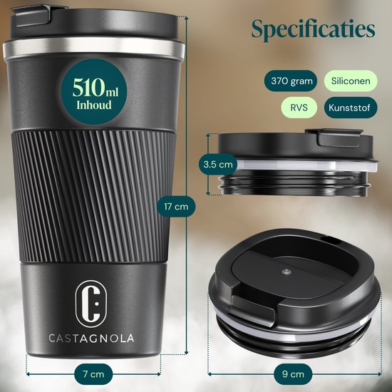 Castagnola Thermosbeker - Koffiebeker To Go - Travel Mug voor Koffie en Thee - Theebeker - 510 ML - RVS - Zwart