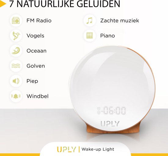 UPLY Wake Up Light - Met USB Oplaadpunt - Licht Wekker - Wekker Radio - 2 Wektijden - 7 Kleuren