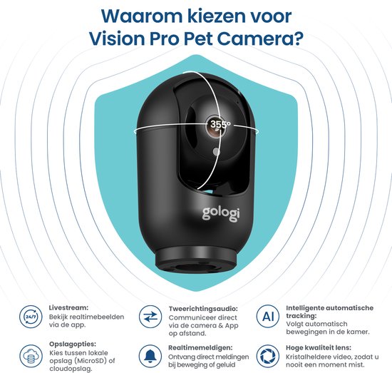 Gologi Huisdiercamera met App - Hondencamera - Pet camera - Beveiligingscamera - Security camera - Voor alle huisdieren - Met wifi - Zwart