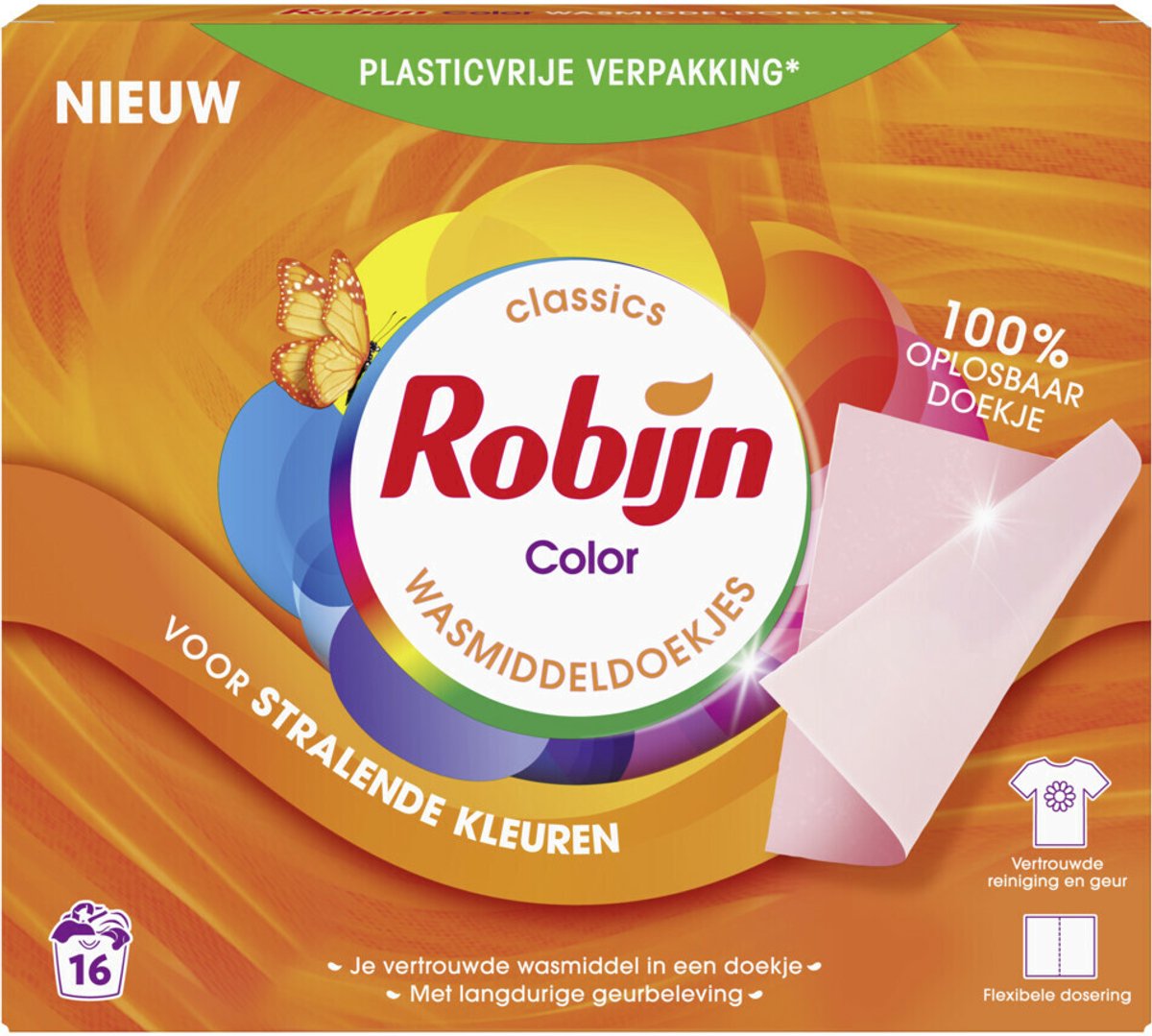 Robijn Color Wasmiddeldoekjes – 10 Verpakkingen – 160 Wasstrips – Kleurbehoud
