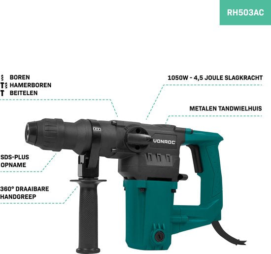 VONROC Boorhamer 1050W – 4,5 Joule – SDS plus – 3 Functies – Incl. 3 SDS-plus boren en 2 SDS-plus beitels