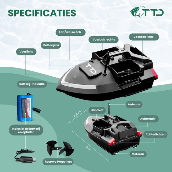 TTD® Premium GPS Voerboot voor Karpervissen met Reistas - 500 Meter Bereik - Cruise Control - Hook Release - 40 GPS Posities - Drie Voerbakken - 2 kg Capaciteit - 2x 12000 mAh Batterij - Visboot - Karper Boot - Vissersboot
