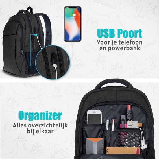 TRVLMORE Rugzak - 36L - 17,3 inch - Laptop Rugtas - Schooltas - Unisex - Spatwaterdicht Antraciet