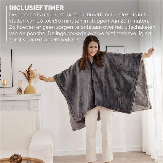 BREND BR-2220 Elektrische Deken en Poncho – Sherpa en Flanel Fleece Plaid – Warmte Cape - 160 x 130 cm - 9 Temperatuurinstellingen - Antraciet
