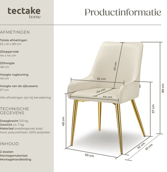 tectake® Eetkamerstoel Avane - Fluweeloptiek - Ergonomische gestoffeerde stoel met gouden stalen poten - Draagkracht 120 kg - Moderne eetkamer- en keukenstoel - Set van 2 - Beige