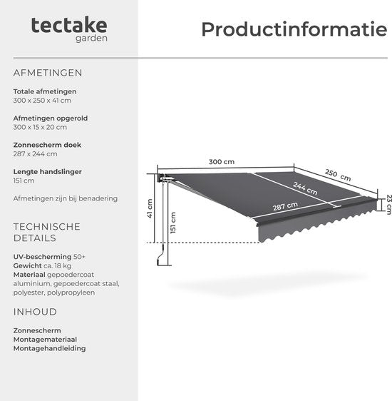tectake® Zonnescherm met Knikarm - 300 x 250 cm - Zonneluifel - Zonwering voor Raam, Balkon, Buiten - Te Monteren aan Muur - Water- en UV-Bestendig - Donkergrijs