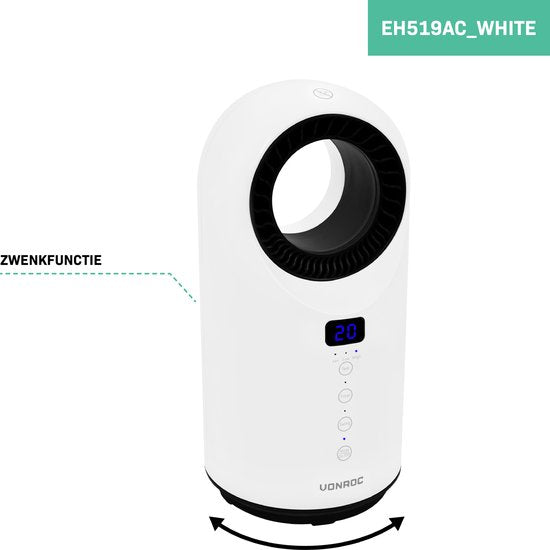 VONROC Elektrische kachel – ventilatorkachel - 1000W/1500W – bladeless - Keramisch - 3 Standen – Incl. afstandsbediening - zwenkfunctie - thermostaat en timer – 15m2 – wit
