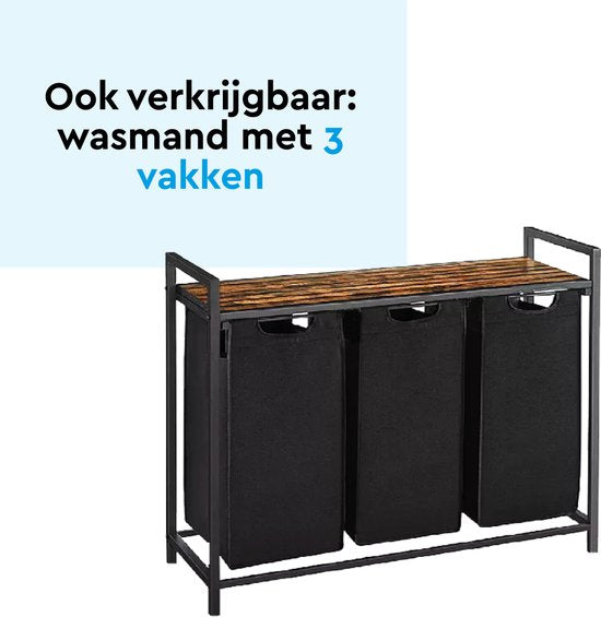 BRASQ Wasmand 2 vakken - Wassorteerder 76 Liter - Uitschuifbaar met Plank 73x33x71 cm - Wasbox Zwart Metaal - Bruin hout - Basket