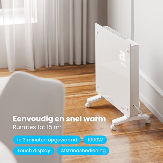 Auronic Elektrische Kachel – Convectorkachel met Thermostaat en Afstandsbediening - Glazen Paneelverwarming - 1000W Heater - Wit