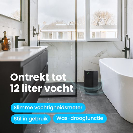 Auronic Luchtontvochtiger - Compact Serie - 12L per dag - Was-droog functie - Slaapkamer, Badkamer en Woonkamer - Vochtvreter voor in Huis - Zwart