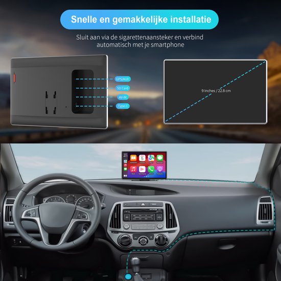 Strolox Carplay scherm 9 inch - Geschikt voor Apple carplay & Android Auto - Draadloze - Navigatiesysteem - Universeel Auto Stereo Bluetooth - USB-C aansluiting - 2 montage beugels - 2024