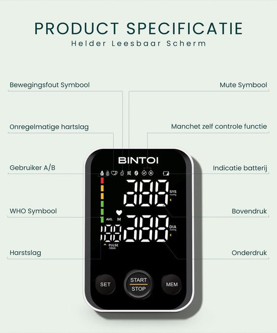 Bintoi® BX300 - Bloeddrukmeter Bovenarm - Hartslagmeter - Incl. Opbergtas en Batterijen - 2 Gebruikers