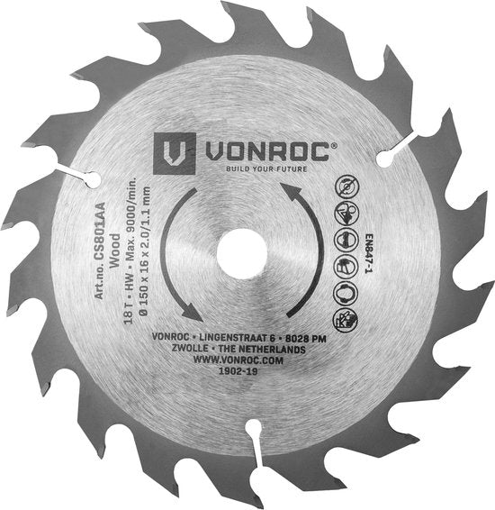 VONROC Cirkelzaagblad – Ø150MM – 18 tanden – geschikt voor hout – universeel