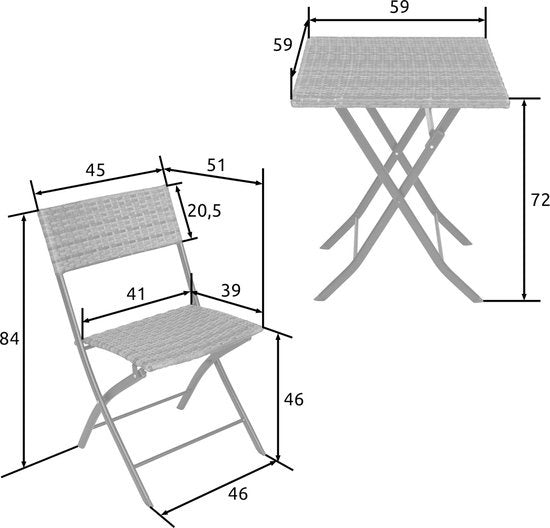 tectake® - wicker balkon- of tuinbistroset, zitgroep met 2 stoelen en 1 kleine eettafel, ruimtebesparend opklapbaar, tuinmeubelen, balkonmeubel klein balkon - lichtgrijs