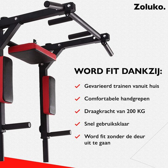 Zoluko Professionele Dip & Pull Up Bar Wandmontage - 200kg Draagkracht - Dip Station - Incl. E-book - Eenvoudige Bevestiging - 2 in 1 Pull Up Station en Dip Station voor Thuis Sporten - Optrekstang Fitness - Dip Bars - Chin Up Bar - Zwart/Rood