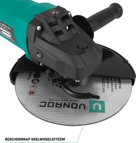 VONROC Haakse slijper 2350W – Ø230mm – 5800 tpm – Inc. zijhandgreep voor links- en rechtshandig gebruik – 3 meter rubberen kabel - excl. Slijpschijf