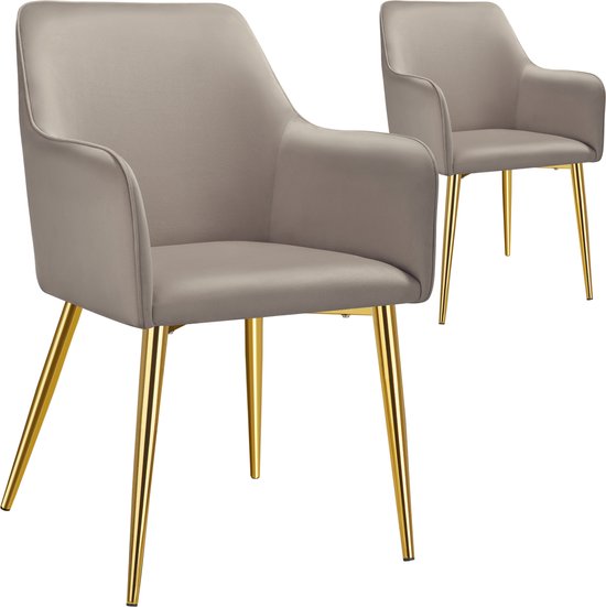 tectake® Eetkamerstoel Avane - Fluweellook - Gestoffeerde stoel met ergonomische armleuningen - Slanke stalen gouden poten - Draagkracht 120 kg - Comfortabele eetkamer- en keukenstoel - Set van 2 - Taupe