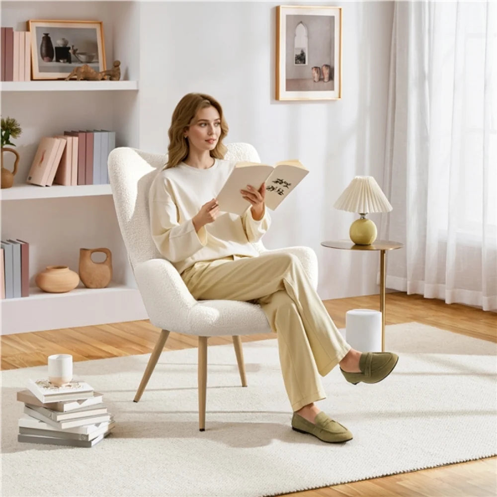 Yaheetech Bouclé Accent Stoel / Fauteuil 67,5x70x97,5 cm – Sfeervol Ivoor – Polyester Bouclé en Metaal