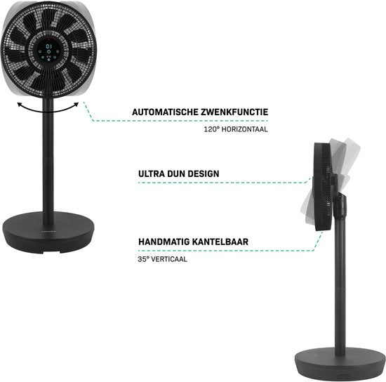 VONROC BREEZE Draadloze Ventilator – Fluisterstil (<44 dB) – 24 snelheden – lichtgewicht en draagbaar - 3 windmodi: Natuurlijk, Slaap, Normaal – Modulair: tafelventilator én vloerventilator – Luxe touchdisplay – Incl. afstandsbediening – Zwart