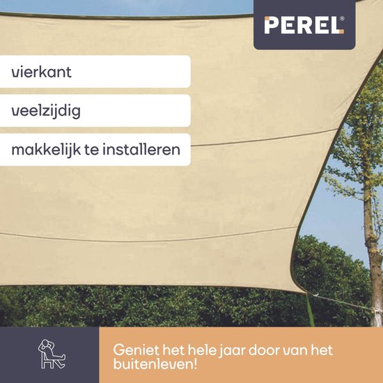 Perel Schaduwdoek, waterdoorlatend, luchtdoorlatend, 3.6 x 3.6 m, 180 g/m², HDPE, vierkant, champagne