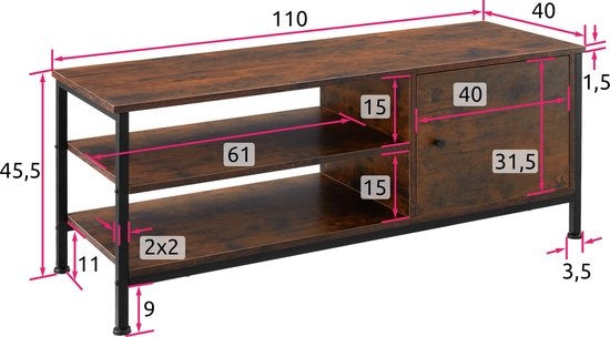 tectake - TV-meubel TV-kast Durban - industrial dark - 110x40x45,5cm - 404640