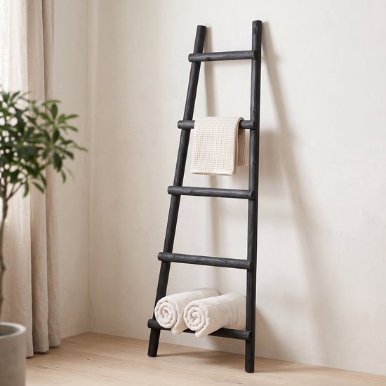 Cheqo® Decoratieladder - Handdoekladder - Houten Decoratieladder - Zwarte Decoratieladder - Ladderrek - Handdoekenrek - Sierladder - Badkamer Ladder - Kledingladder - Decoratieve Ladder voor Binnen - Ladder voor Plaids - Woonladder