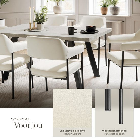 tectake® Eetkamerstoel met armleuning - Fluweelzachte stof - Gestoffeerd met stalen poten - set - div kleuren - Set van 2 stoelen - Offwhite met zwarte poten